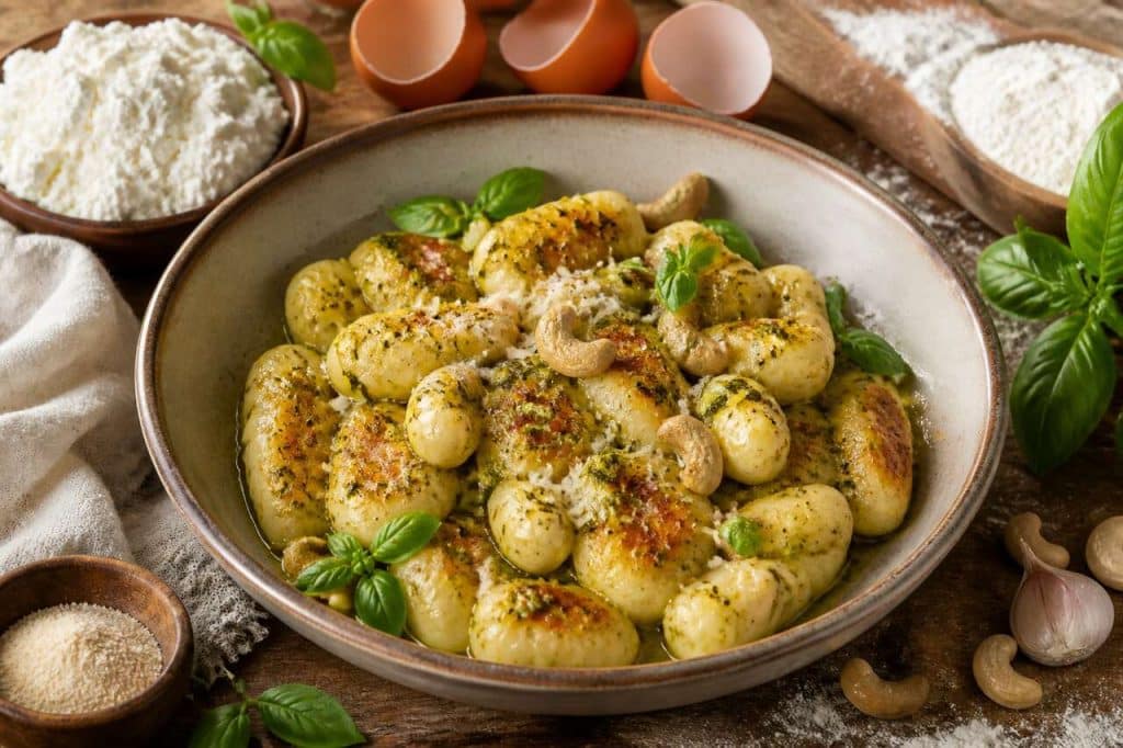 Kluski leniwe au pesto de basilic et noix de cajou