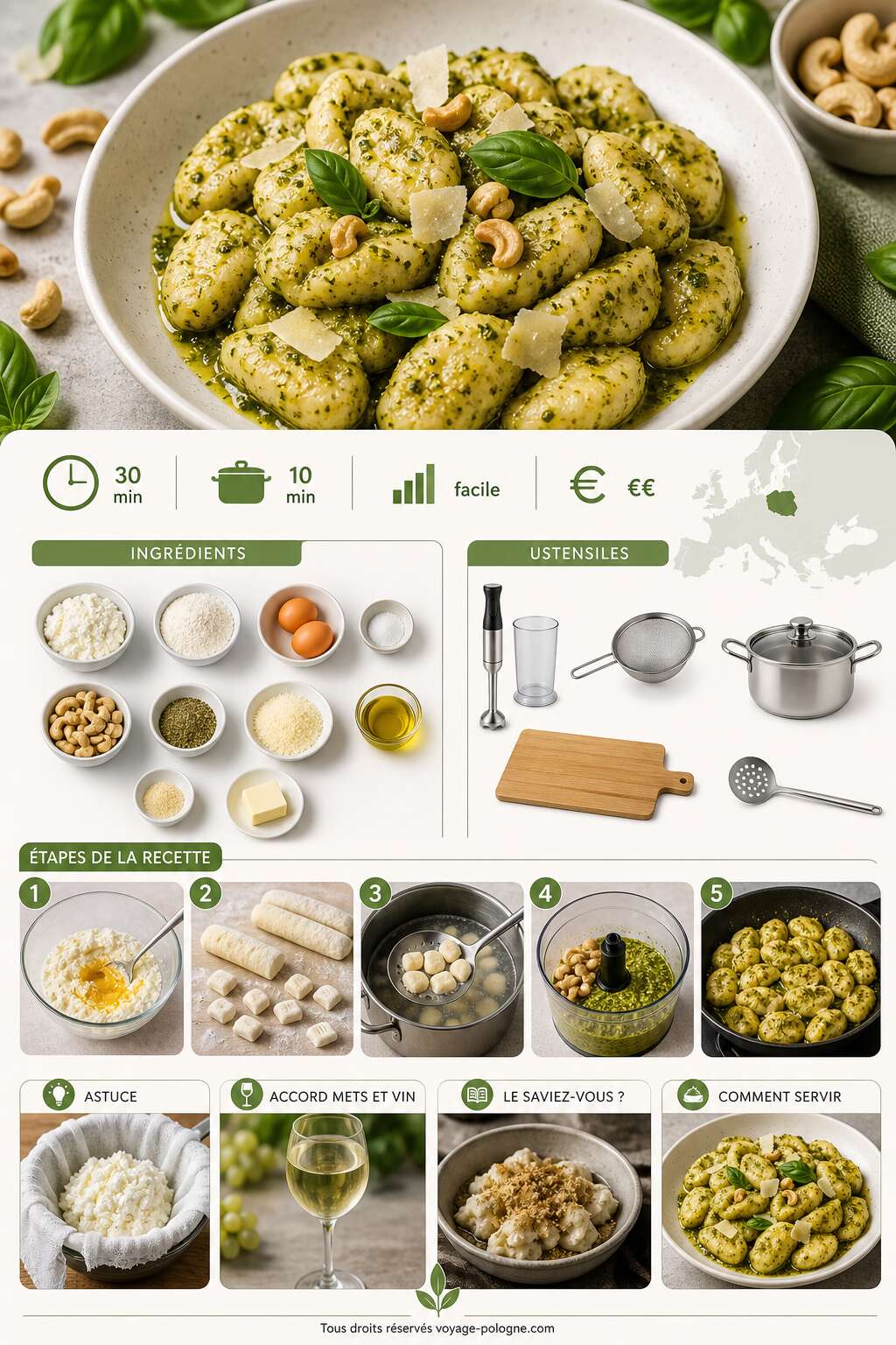 Fiche recette Kluski leniwe au pesto de basilic et noix de cajou Fiche recette Kluski leniwe au pesto de basilic et noix de cajou