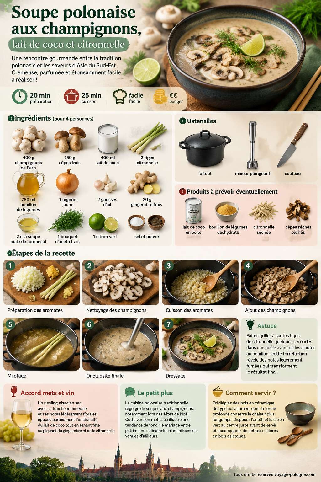 Fiche recette Soupe polonaise aux champignons, lait de coco et citronnelle : recette facile