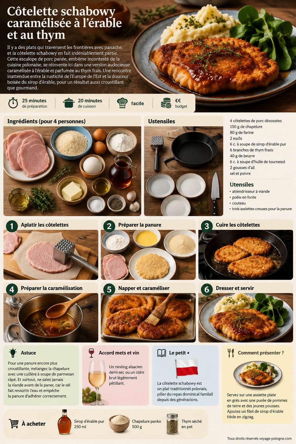 Fiche recette Côtelette schabowy caramélisée à l'érable et au thym Fiche recette Côtelette schabowy caramélisée à l'érable et au thym