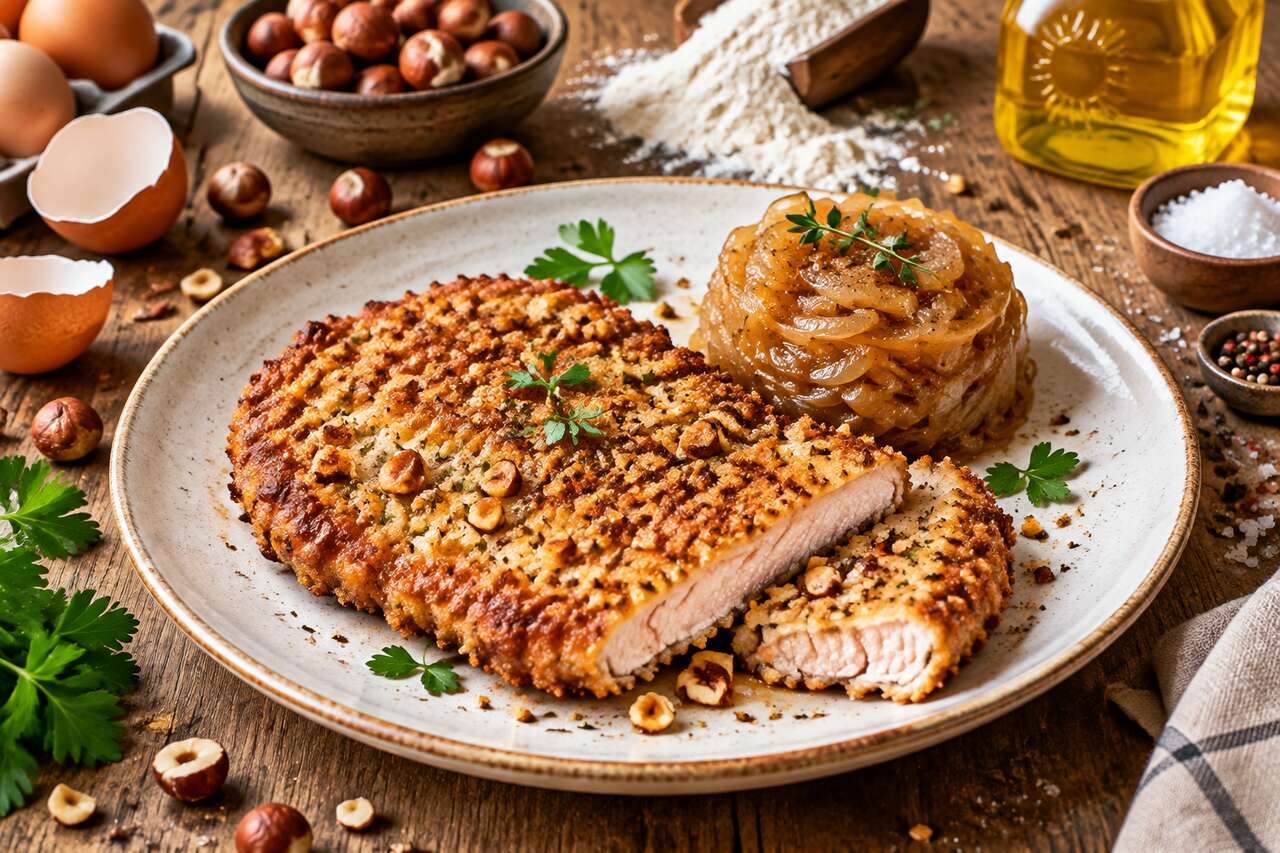 Kotlet schabowy aux noisettes et oignons caramélisés