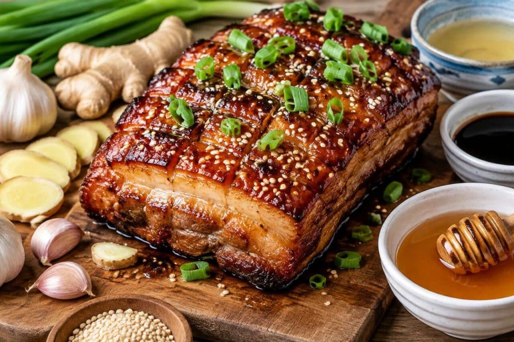 Rôti de porc laqué au miel et gingembre