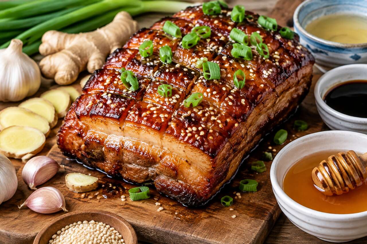 Rôti de porc laqué au miel et gingembre