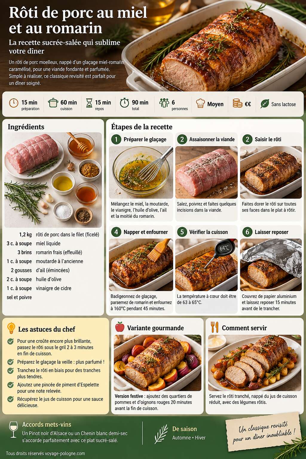Fiche recette Rôti de porc au miel et au romarin : la recette sucrée-salée qui sublime votre dîner Fiche recette Rôti de porc au miel et au romarin : la recette sucrée-salée qui sublime votre dîner