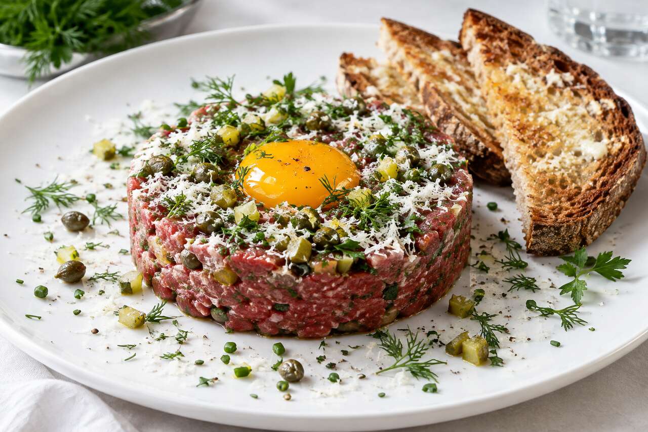 Tatar wołowy aux herbes fraîches et parmesan râpé